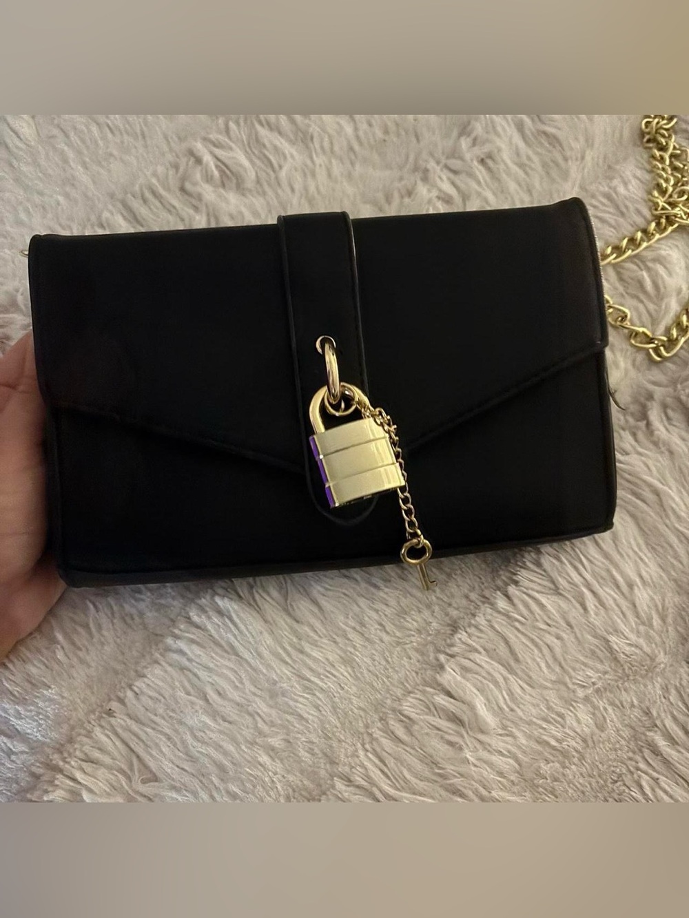 Fashion Nova Black Crossbody Bag with Gold Chain & Padlock